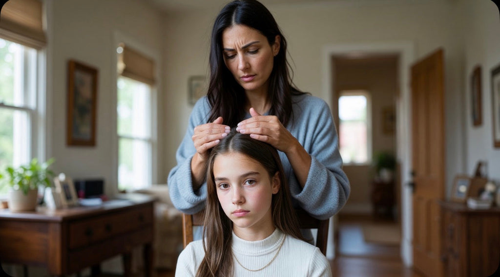 Mother checking her daughter's scalp at home
